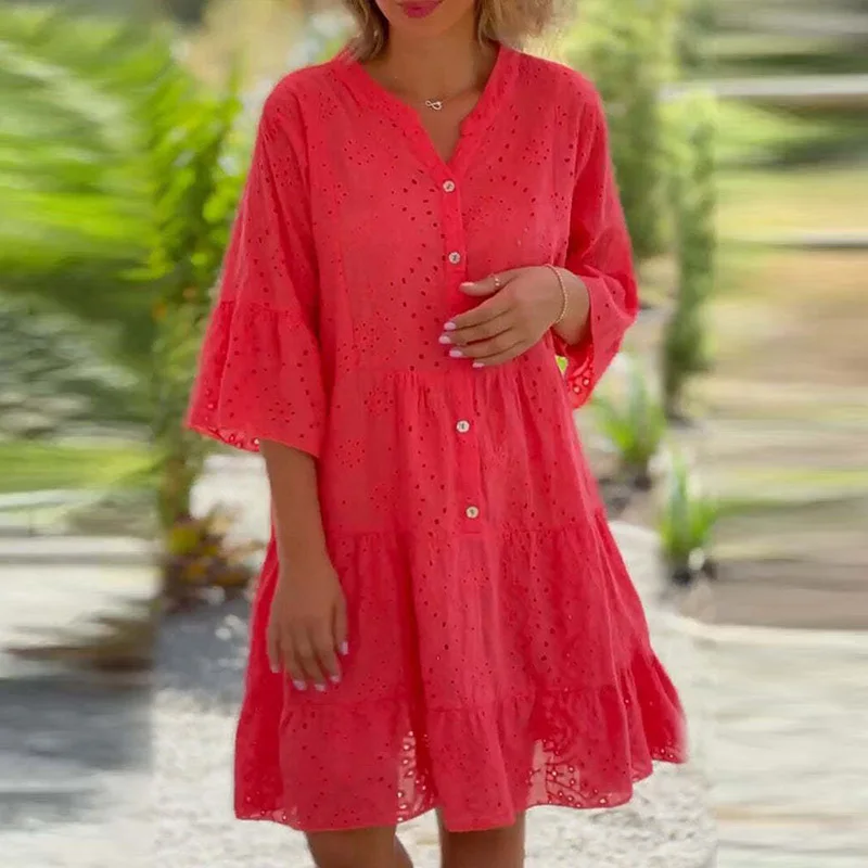 Commute Women Single Breasted Shirt Dress 2023 Elegant Summer Hollow Lace Dresses Chic Flare Sleeve V-neck Solid Short Dress