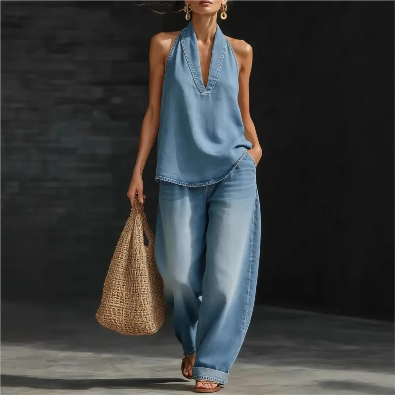 Damen-Denim-Zweiteiler 2026 – Neuer eleganter und schlichter Retro-Anzug mit Knopfleiste, Neckholder-Top und weit geschnittener Hose in Unifarbe