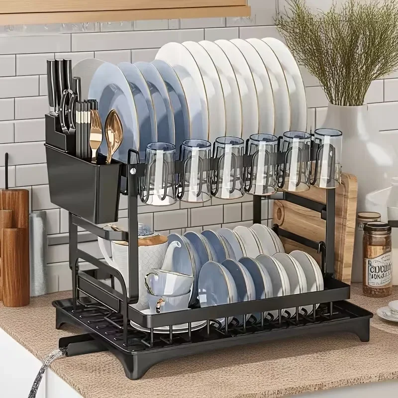 2-Tier Large Kitchen Countertop Drying Rack, Black | Removable Large Capacity Dish Drainer with Automatic Drainage, TH