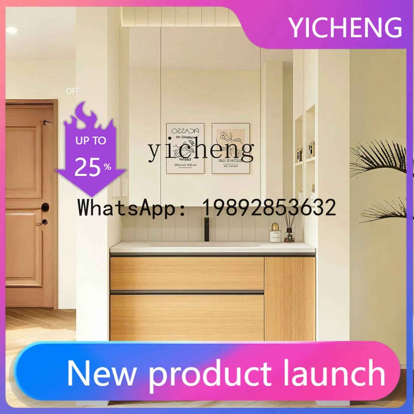 Y1 Japanese Style Bathroom Cabinet with Full-Length Mirror, Ceramic Integrated Basin, Storage Side Pull Basket,  Basin Cabinet