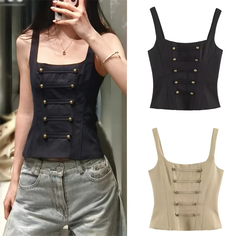 Guobioziy Women's Top 2026 Summer New Solid Color Camisole with Cuff Decoration Slim Fit Top Beach Vacation Sexy Fashion