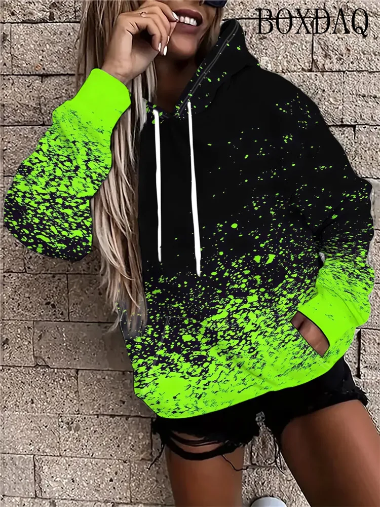 Autumn Casual Long Sleeves Pocket Sweatshirts Fashion Color Gradient Tie-Dye 3D Print Women Drawstring Hoodies Women's Clothing