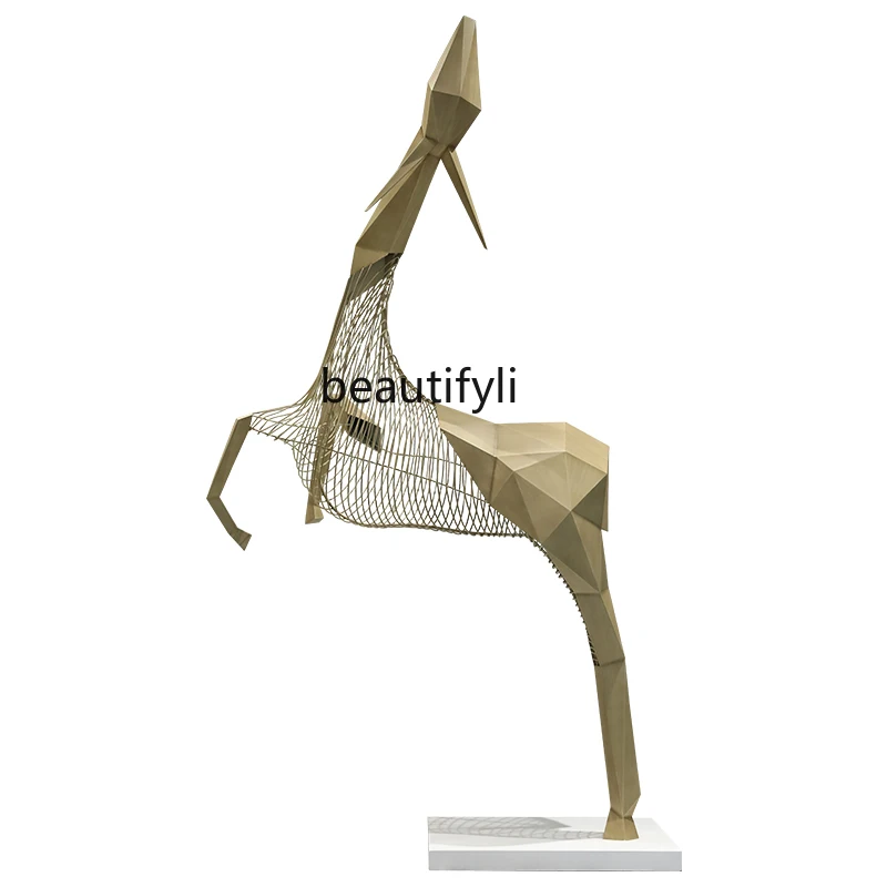 

Large stainless steel abstract deer sculpture installation Hotel lobby floor-to-ceiling ornament Sales office decoration