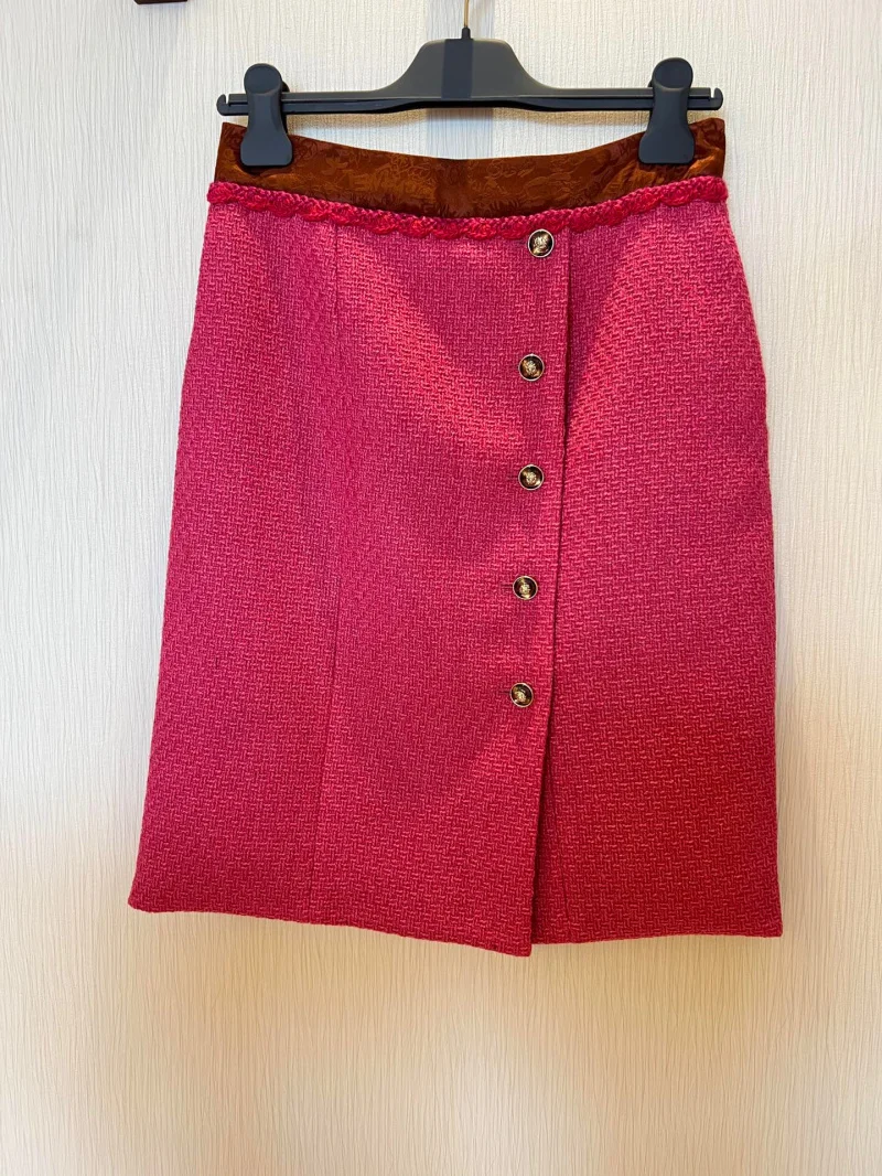 2024 New Autumn Fashion Graffiti Silk Liner Vintage Tweed Long Skirts Womens High Waist Side Buttons Split Sweet Skirt