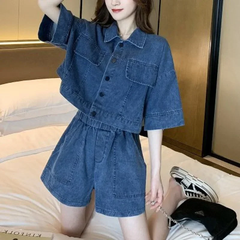 

Джинсовые шорты больших размеров, костюм из двух предметов, женская модная уличная одежда, уменьшающая возраст, лето 202, милые девушки