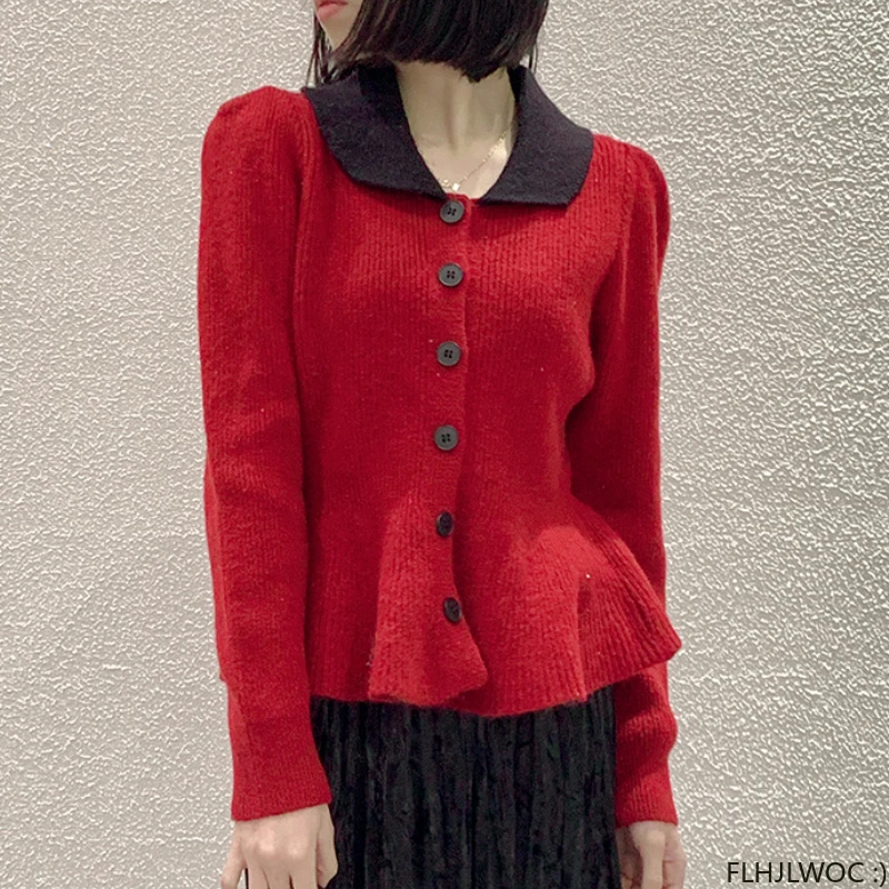 S-3XL New Year Ruffles Peplum Basis Pullovers Jumpers Long Sleeve Loose Japan Cute Sweet Girls Red Knitted Sweaters Cardigans