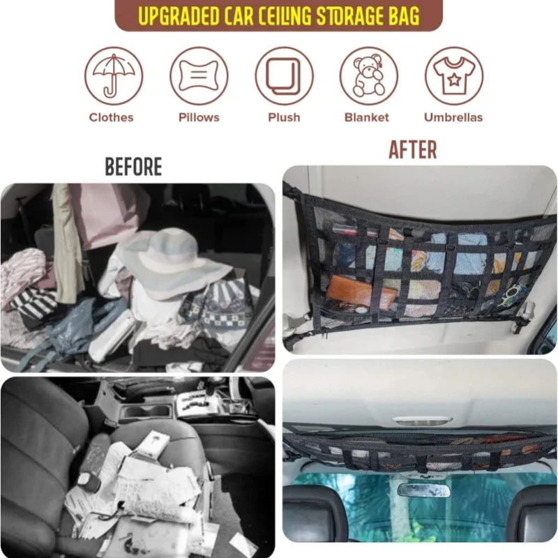 Car Overhead Storage Net Ceiling Mesh Organizer Bag Roof Cargo Holder with Zipper for SUV MPV Jeep Auto Interior Accessories