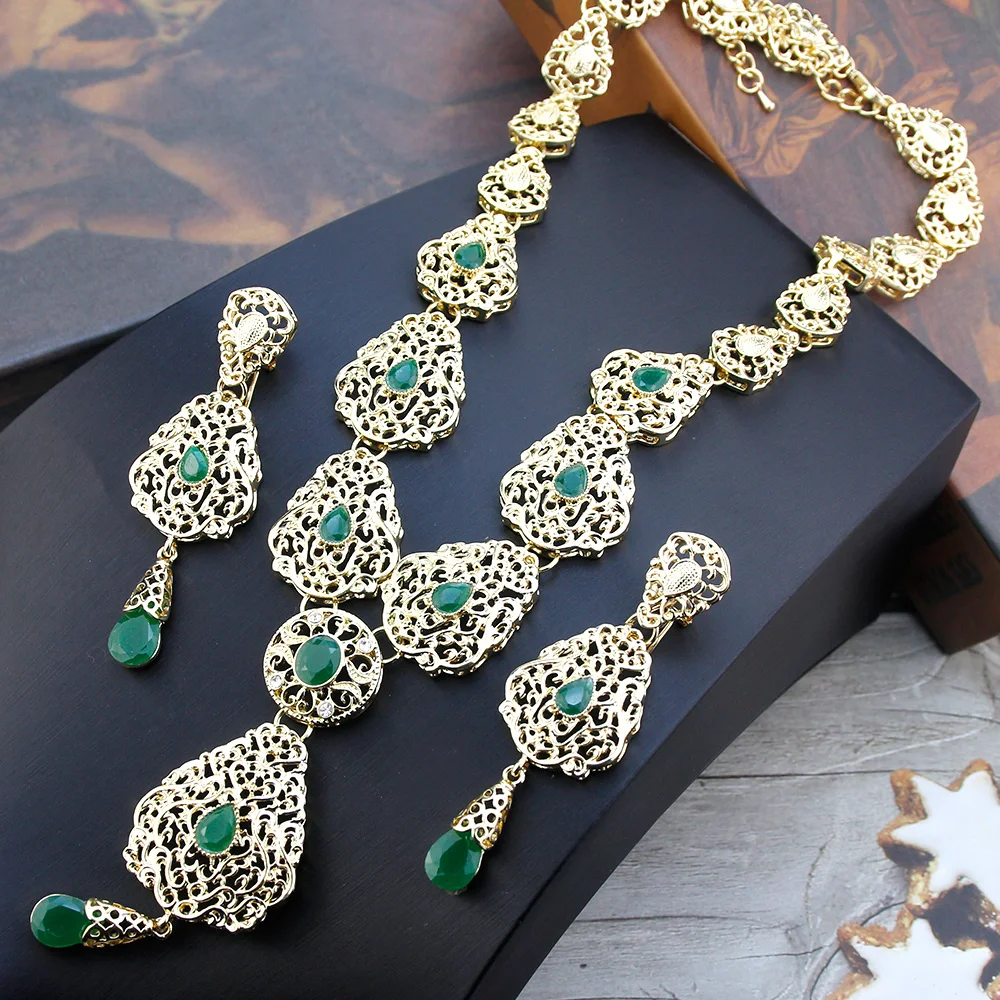 Algeria Morocco Jewelry Sets Long Earring Necklace Set For Women Hollow Arabesque Pendant Necklace Gold Color Bride Jewelry