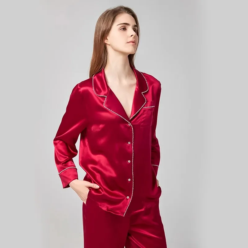 22 Momme 100% Mulberry Silk Long Sleeve Pajamas Women Button-Up Top & Pants Pajama Set Sleep Loungewear Underwear Casual Pijamas