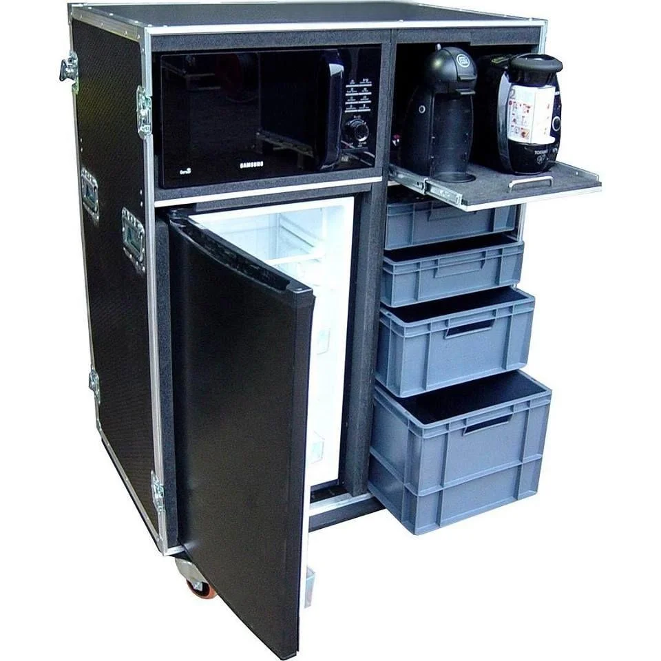 

Custom hotel flight case with refrigerator, microwave, and coffee maker storage