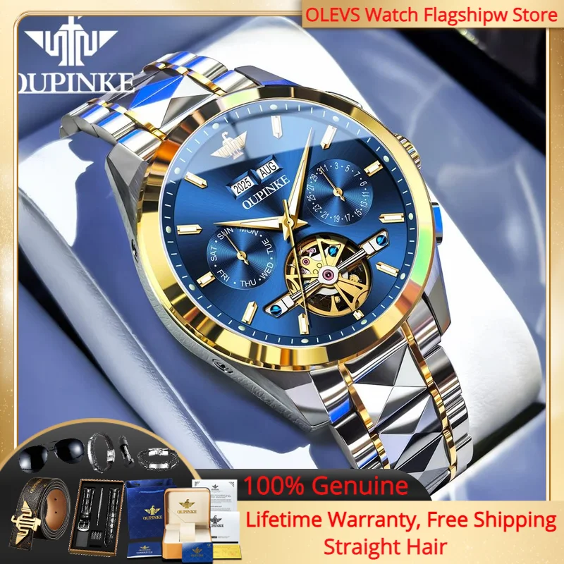 Oupinke 3290 relógio mecânico totalmente automático masculino original multifuncional à prova d'água cronógrafo esqueleto volante relógio masculino