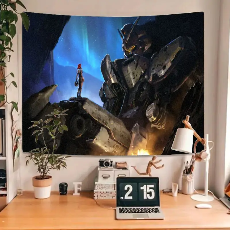 1개 대형 장갑 로봇 & 빨간 머리 인간 별이 빛나는 밤 공상과학 태피스트리, 오로라 암석 표면 벽 장식, 창의적인 작품에 적합
