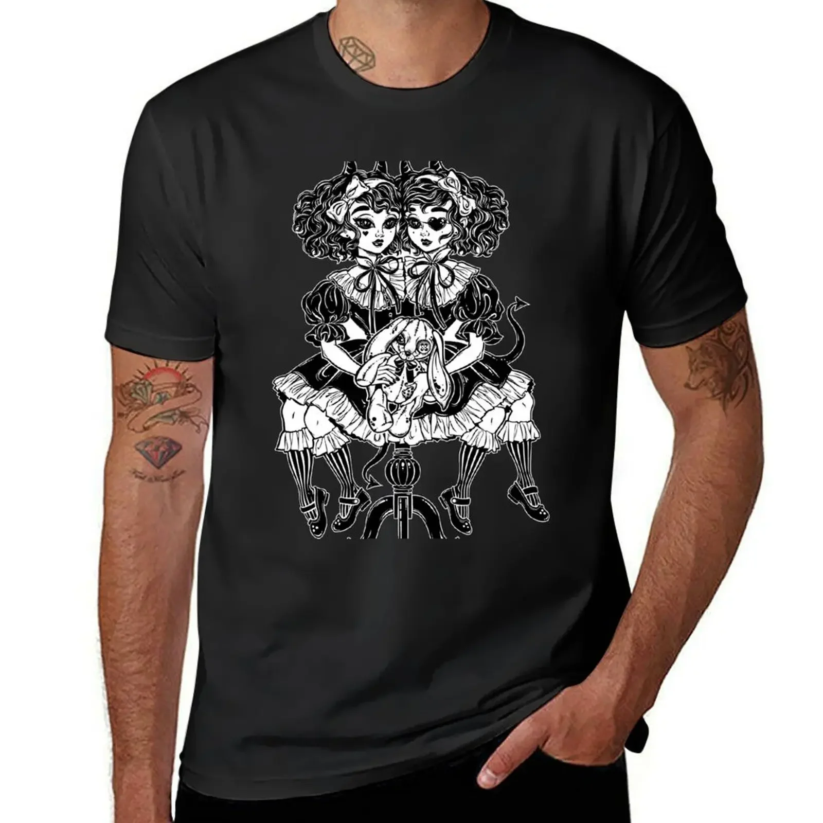 

Gothic Victorian twin siamese demonic girls with voodoo stuffed toy and imp horns. T-Shirt