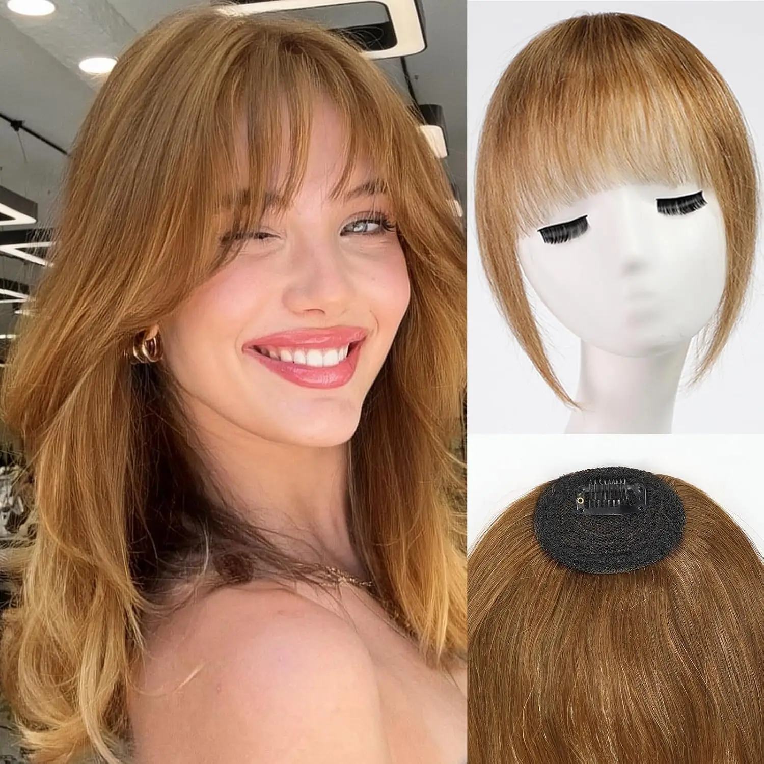 

Заколка для челки для женщин Медово-коричневые 100% человеческие волосы Французская челка с нескользящими заколками Воздушная бахрома для наращивания волос для повседневного ношения