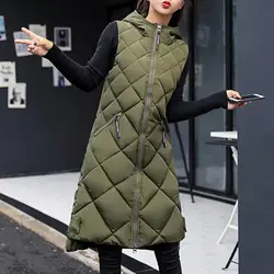 Winter Women Vest Coat Solid Color Padded Zipper Sleeveless Hooded Vest Thick Midi Length Winter Down Coat For Daily Wear