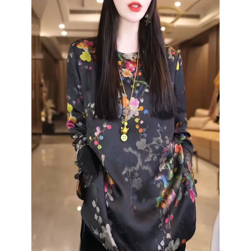 Otoño nueva moda exquisita industria pesada luz de lujo Floral cuello redondo elegante Top para mujeres