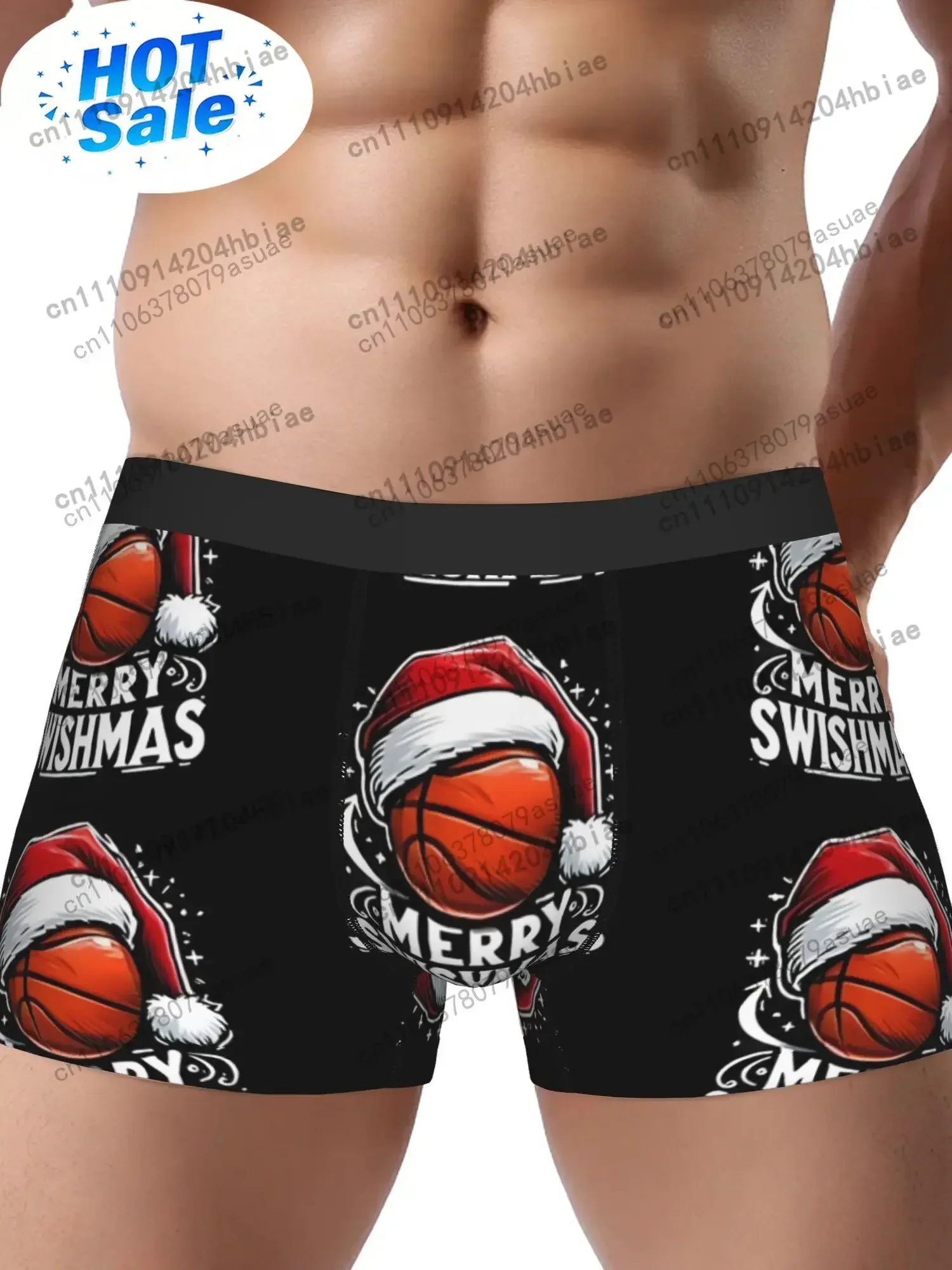 1pc Men's Ugly Christmas Basketball Boxer BriefsMerry Swishmas Santa Basketball Print Underwear Comfortable Holiday Sports Black