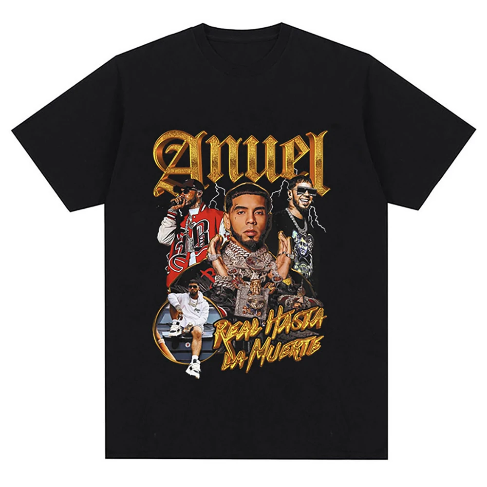 Rapper Anuel AA Retro Graphic T Shirt Real Hasta La Muerte 100% Cotton T-shirt Men's Hip Hop Oversized Tees Men Punk 01336