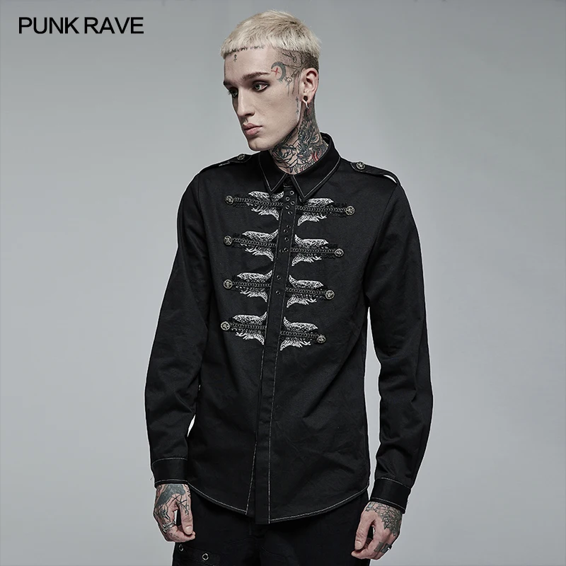 

PUNK RAVE Men's Punk Personalized Skull Embroidery Shirts Non-elastic Skeleton Pattern Personality Casual Black Top Men Clothing