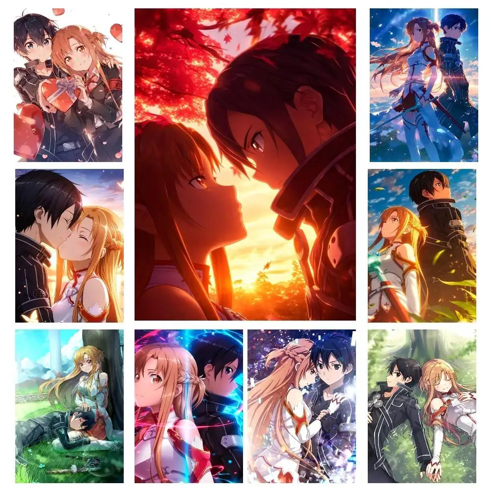Anime S-Sword Art O-Online CP Kirito And Asuna Posters High Quality Self-adhesive Wall Art Decorations Color Prints Sticky