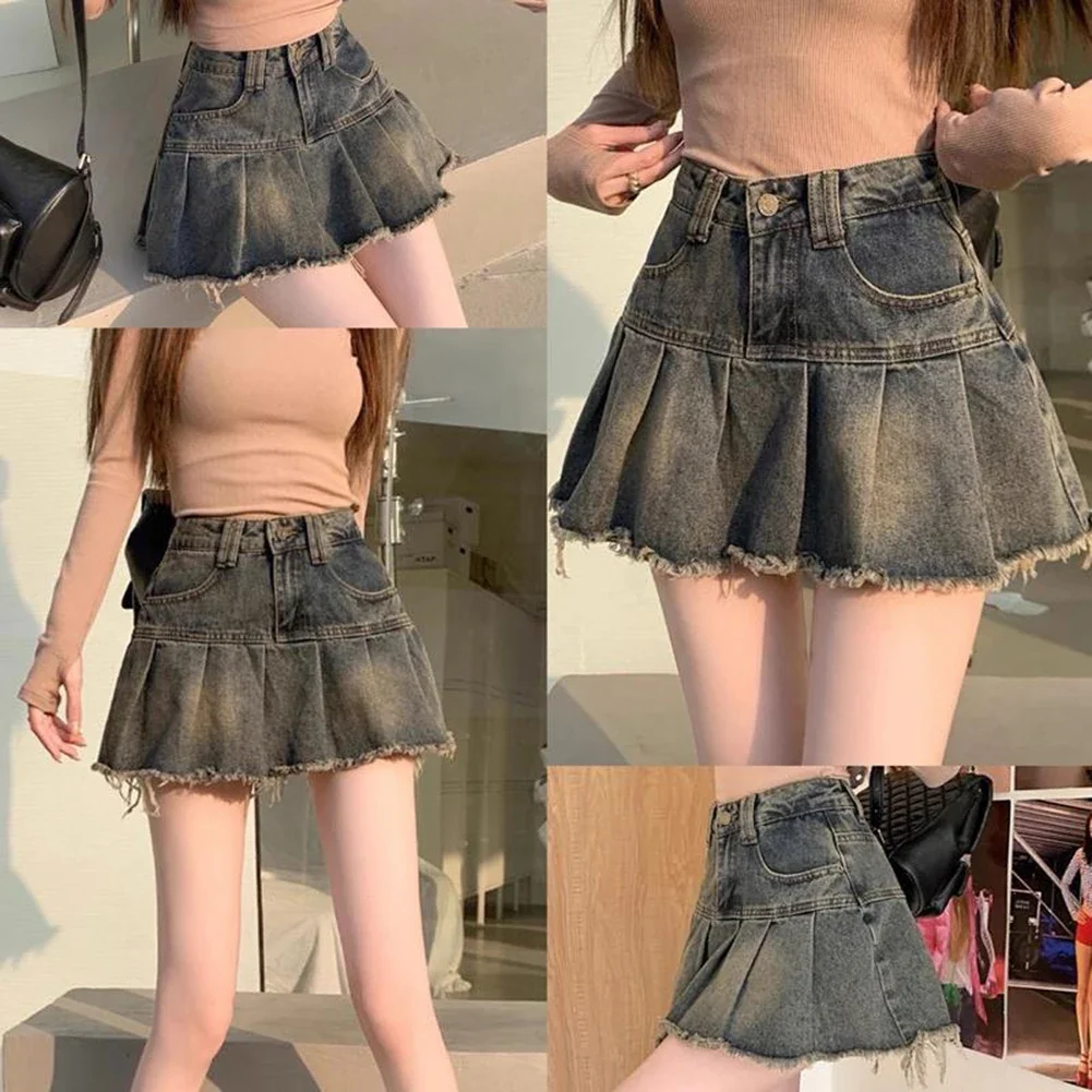 

Vintage Y2K Style Short Jeans Skirt for Women with Flared Pleats Casual Retro Fashion for Spring Summer Autumn Winter