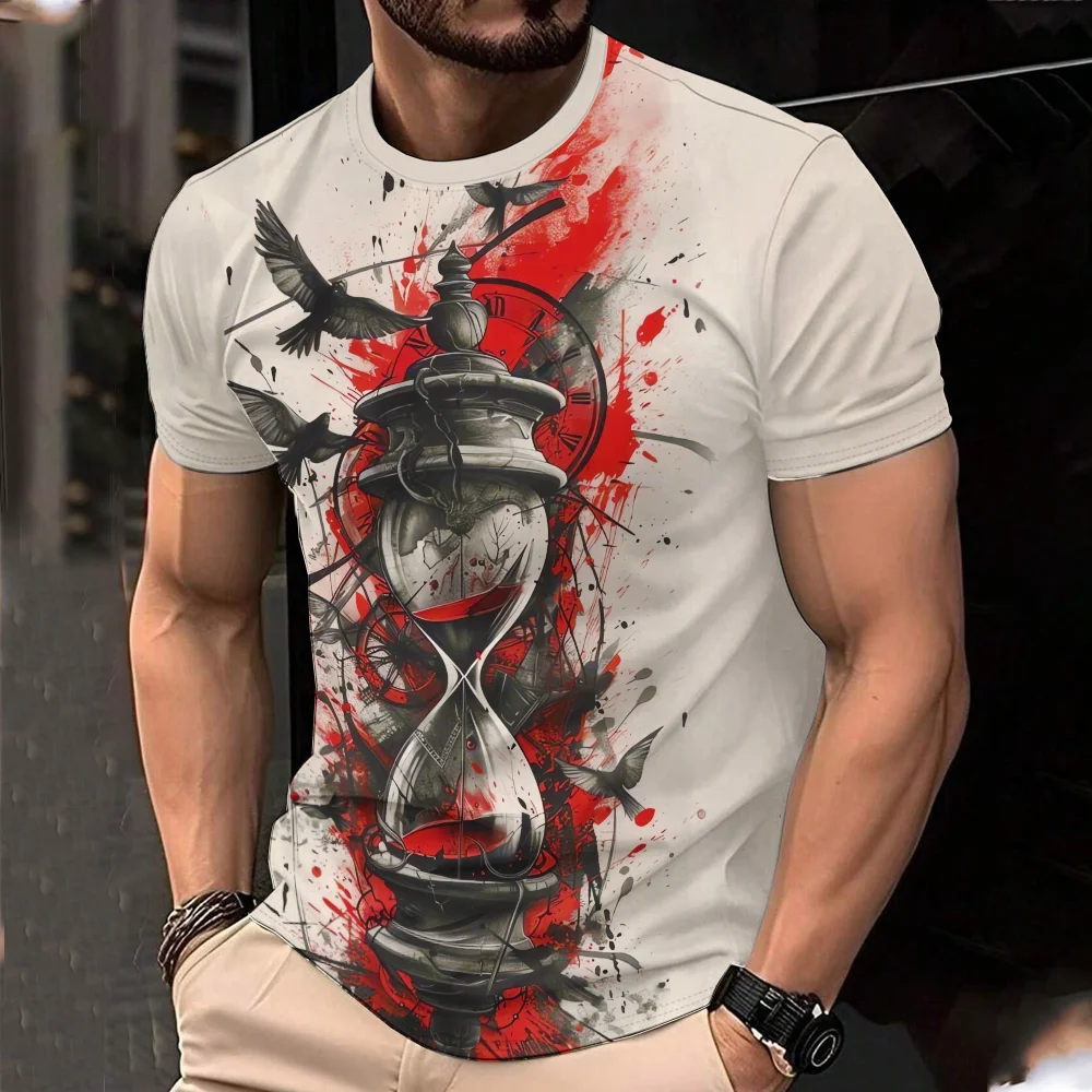 

2025 Summer New Retro Printed Pattern Men's T-shirt Street Fashion Round Neck Short Sleeve Top