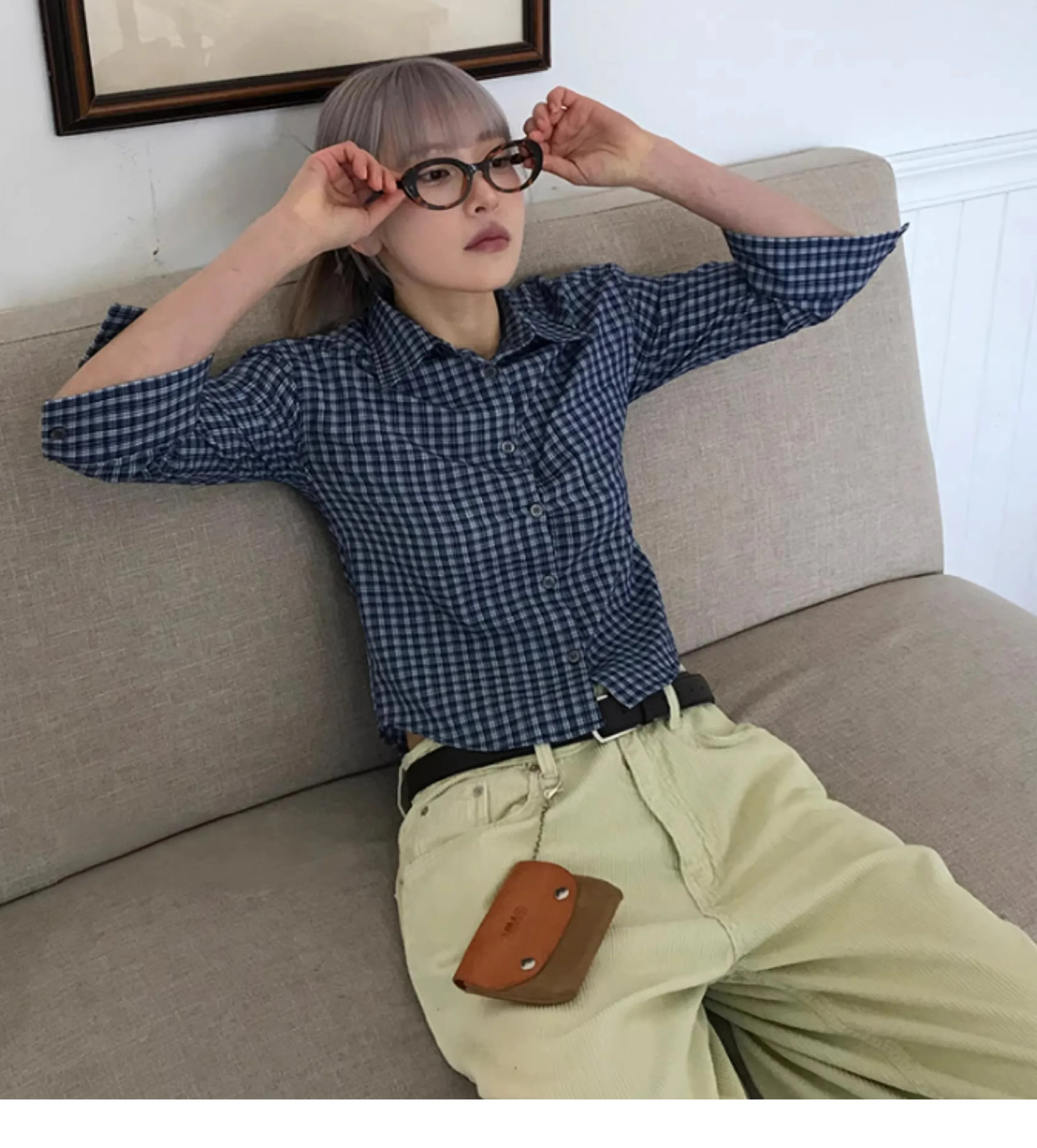 Genayooa Y2k Camicia a quadri Donna Tre quarti Camicia casual Giapponese anni 2000 Grunge Top Streetwear Camicia estiva Stile coreano