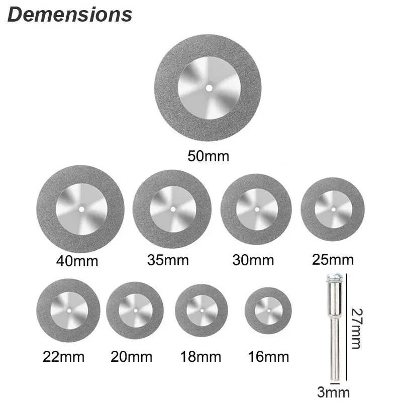 10PCS 16-50mm mini cutting DiscTile Diamond Coated Grinding Polishing Rotary Grind Rotary Cutter Tool Accessories with 3mm Shank