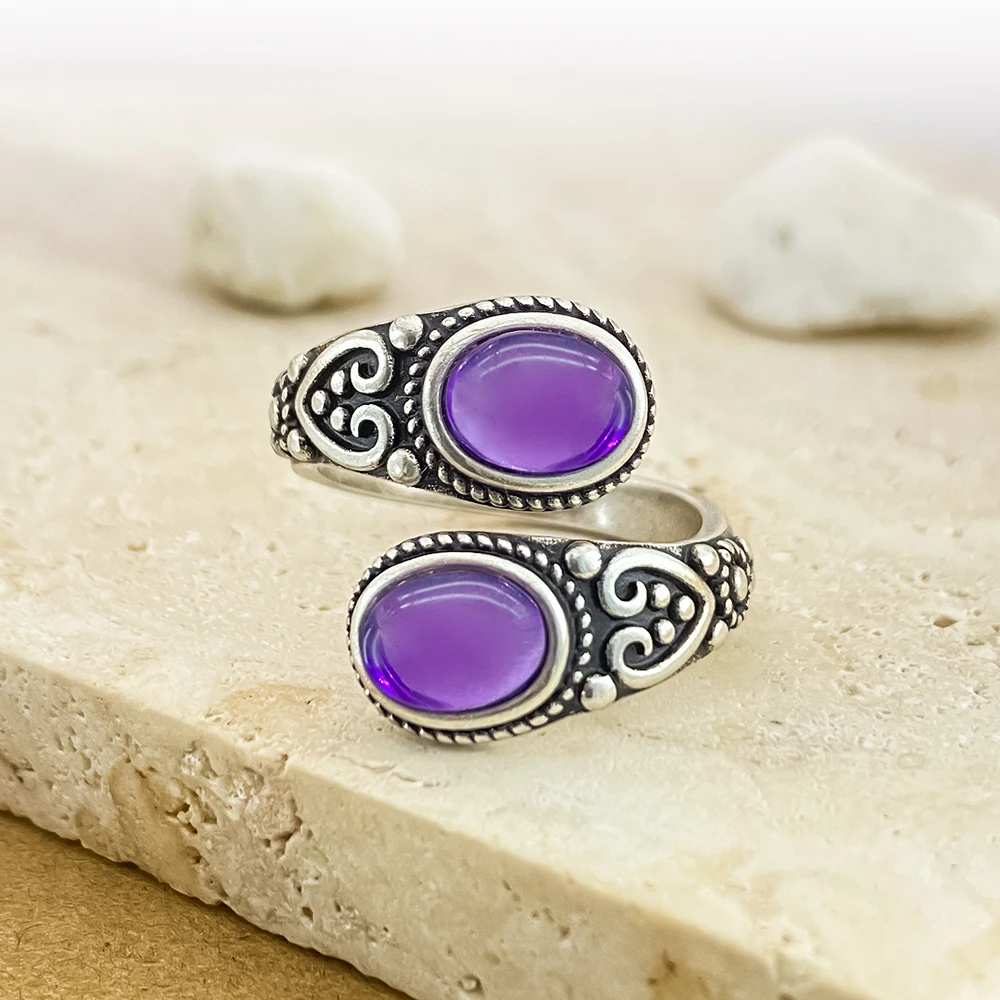 

Vintage 925 Silver Ring with Natural Amethyst 6*8mm Adjustable Rings Flower Carved Stamping Bohemia Style Fine Jewelry for Women