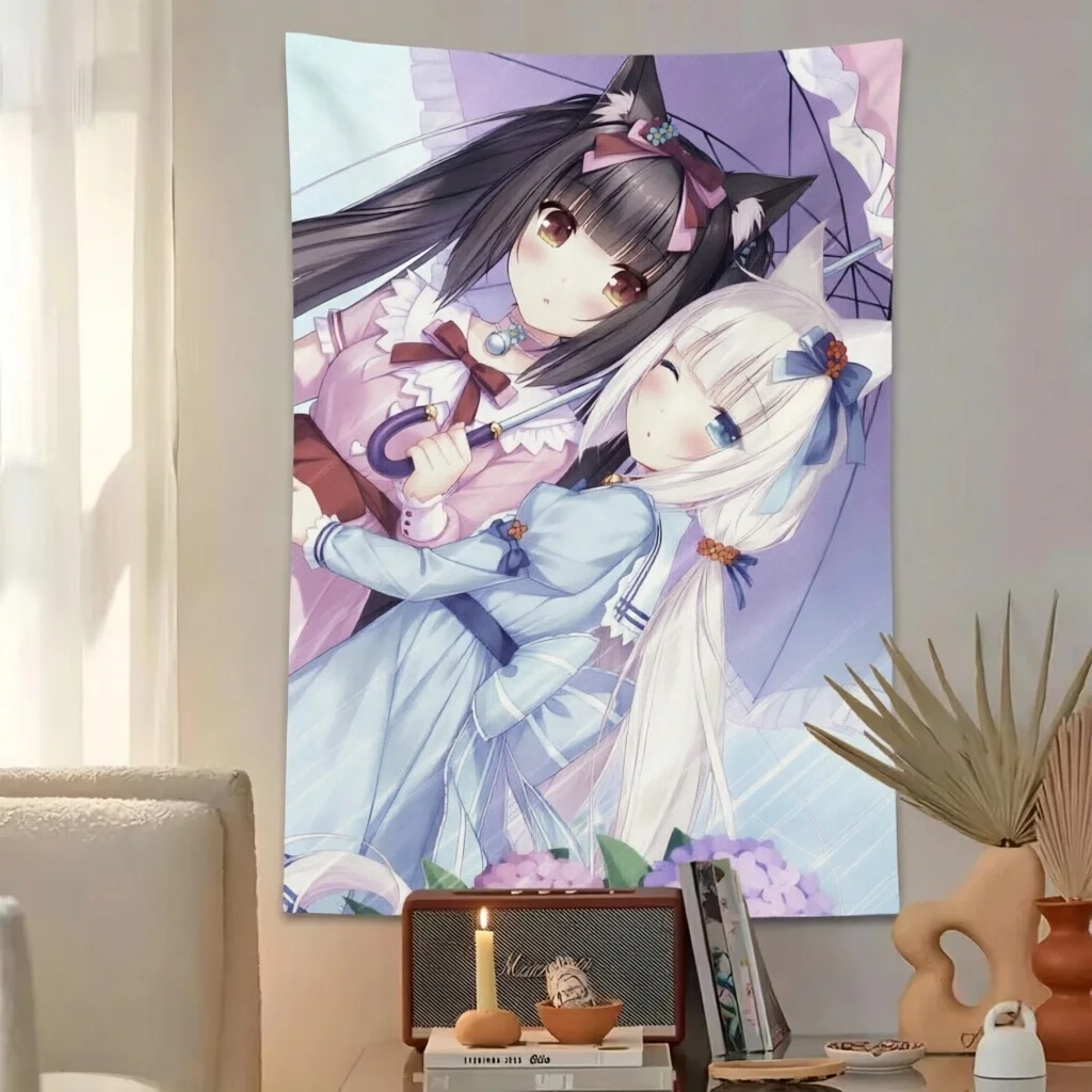 1pc N-Nekopara Tapestry Cat Girl Lolita Print Polyester Wall Hanging Kawaii Trendy Dorm Bedroom Living oom decoration items