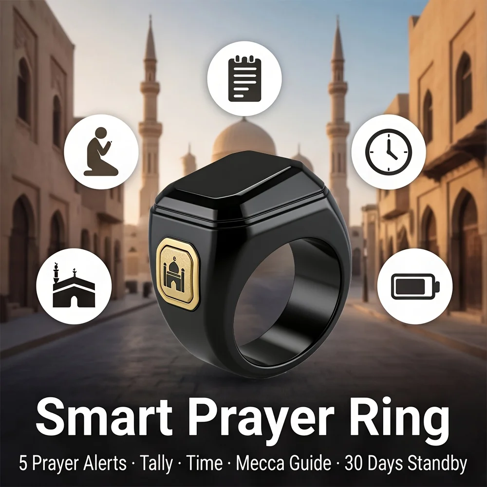 Newest Ring Smart Prayer Ring Prayer Reminder, Tasbih Counter Time Display Kaaba Guidance, Features Vibration Aler for Muslims