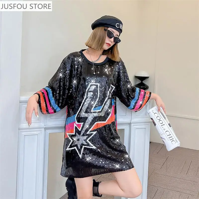 

Summer New Sequins Letter Striped Short Sleeve T-Shirt Hip Hop Round Neck Solid Color Straight Night Club Loose Women' Wears