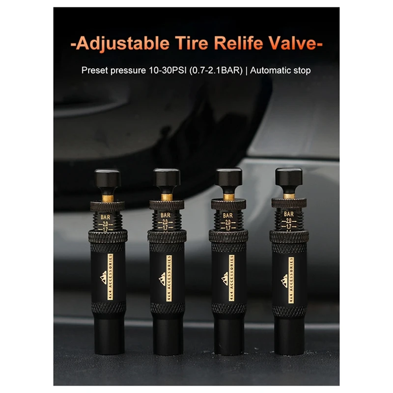 A47U Adjustable Auto-Stop Tire-Deflator Valve Kit (10-30 PSI) 4 PCS Screw-on Tyre Air Down Tool for Vehicles Motorcycle