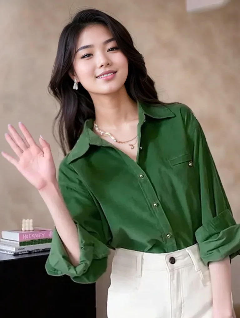 قمصان نسائية كلاسيكية بأكمام طويلة باللون الأخضر للخريف والشتاء بلوزات غير رسمية بياقة مقلوبة للسيدات سترات قميص نسائية