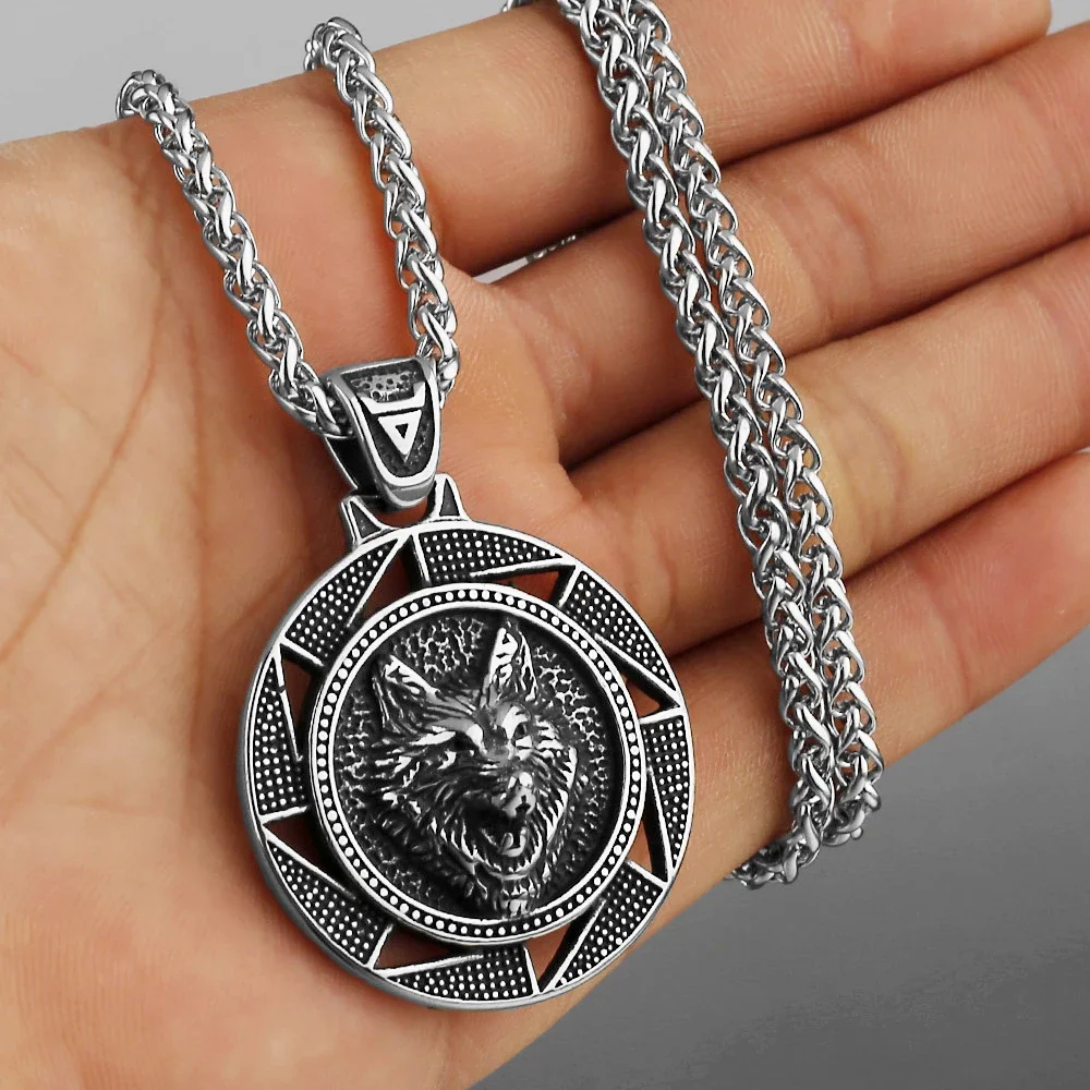 Heavy Vintage Viking Wolf Head Pendant Necklace for Men Boy Punk Biker Rivia Slav Viking Necklace Stainless Steel Jewelry Gift