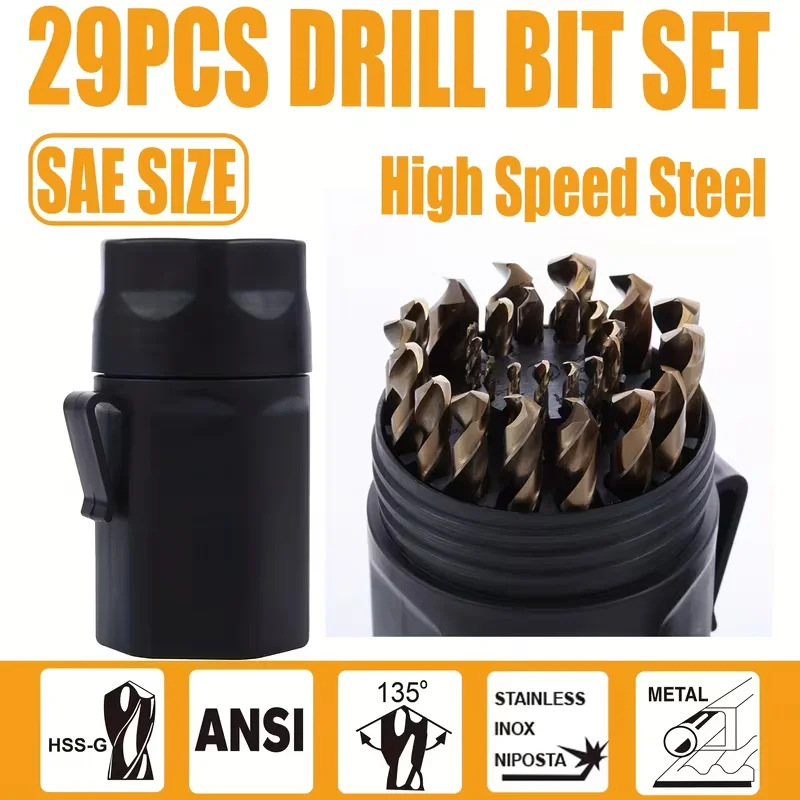 29PCS HSS Twist Drill Bit Set SAE Size, 135° Tip Cup Storage Case for Stainless Steel Metal Wood Drilling