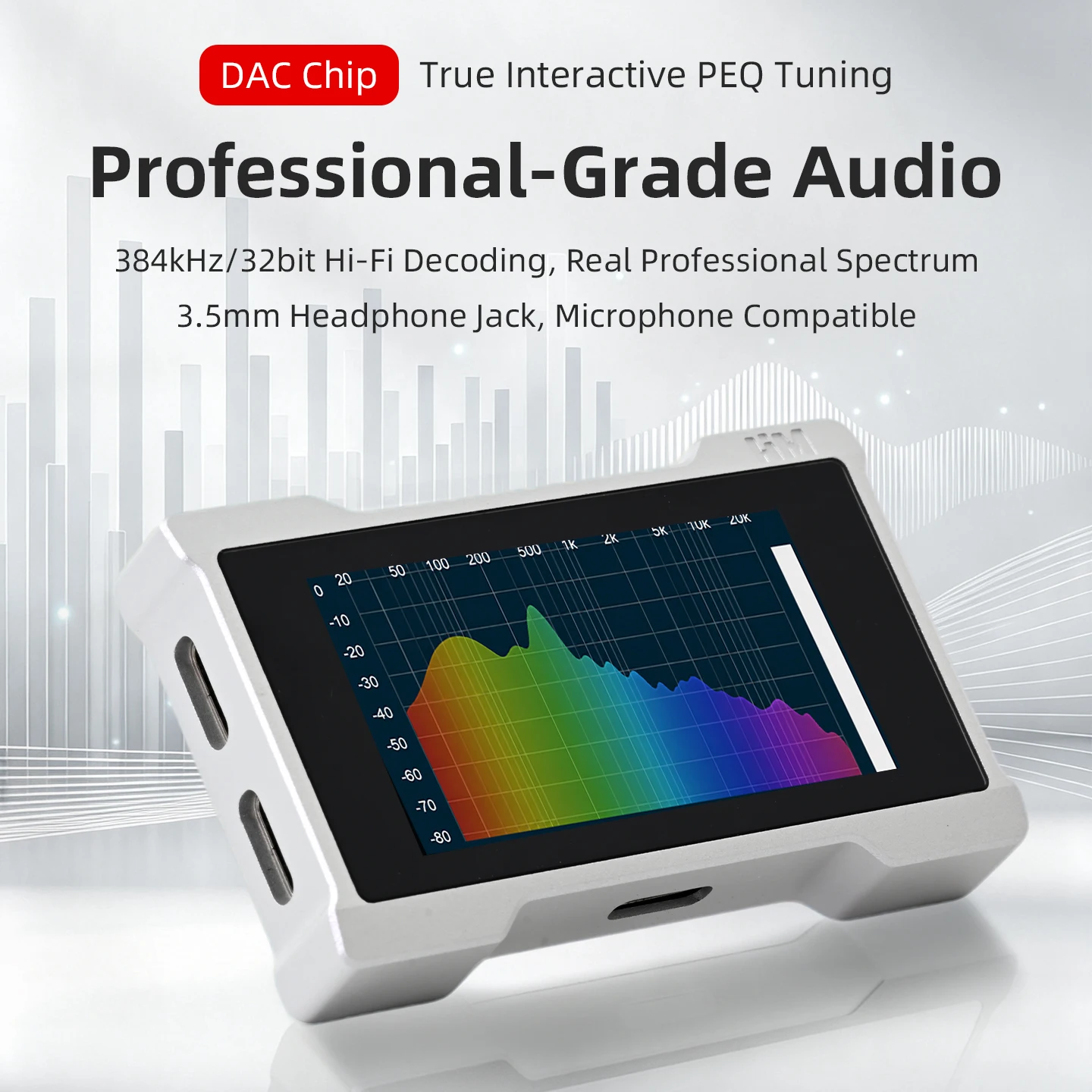HMLAB AudioX Touch, concentrateur USB avec écran LCD, carte son intégrée pour jeux, avec DAC, PEQ réglable et prise pour écouteurs 3,5 mm.