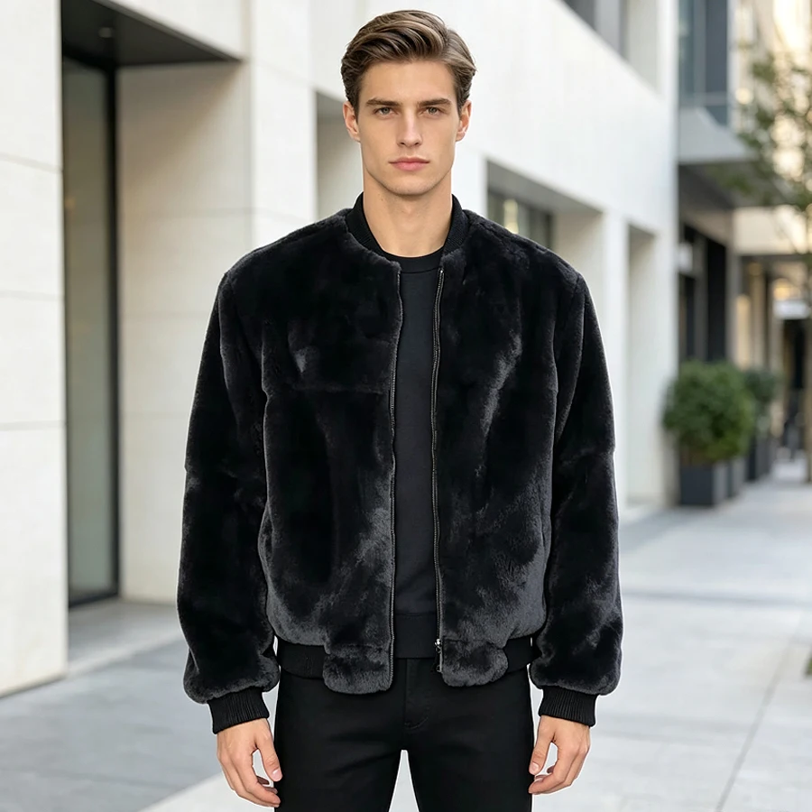 Genuine Rex Rabbit Fur Coats With Zipper Bomber Jacket Black Natural Rabbit Fur Full Skin Jacket Fashion Men's Short Fur Coat