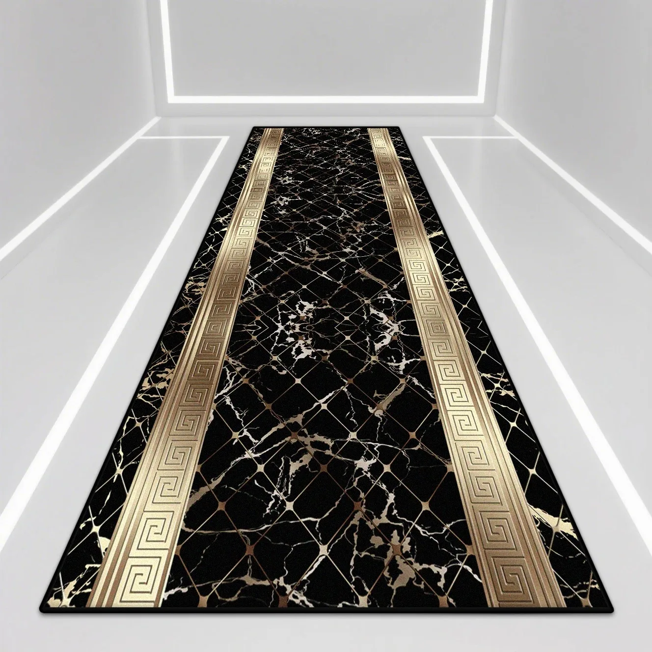 Luxury Black Gold Marble Runner Rug, Greek Key Geometric Long Floor Mat for Hallway Entryway, Non-Slip Washable Carpet