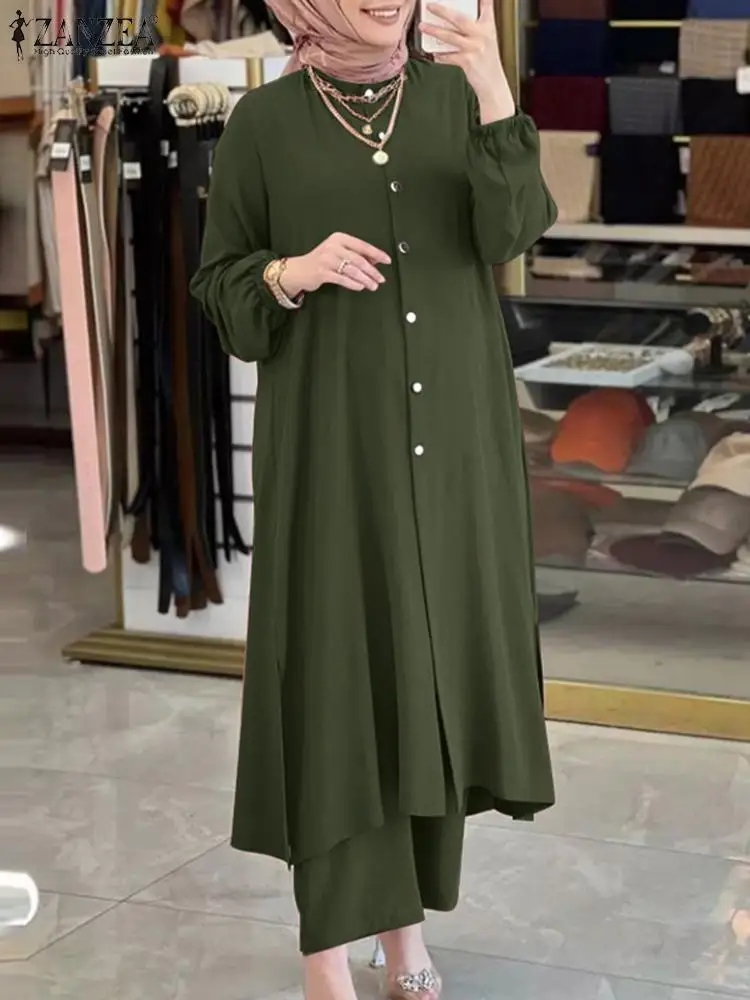 

ZANZEA Muslim Two Piece Set Turkish Blouse Suits Abayas For Women Long Sleeve Shirt Loose Pant Sets Turkey Abaya Isamic Clothing