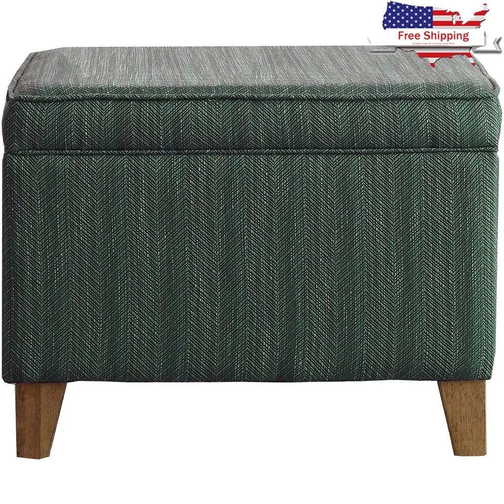

Storage Ottoman with Easy Access Hinged Lid Textured Fabric Upholstered Rectangle Design Wood Legs Indoor Use Spot Clean