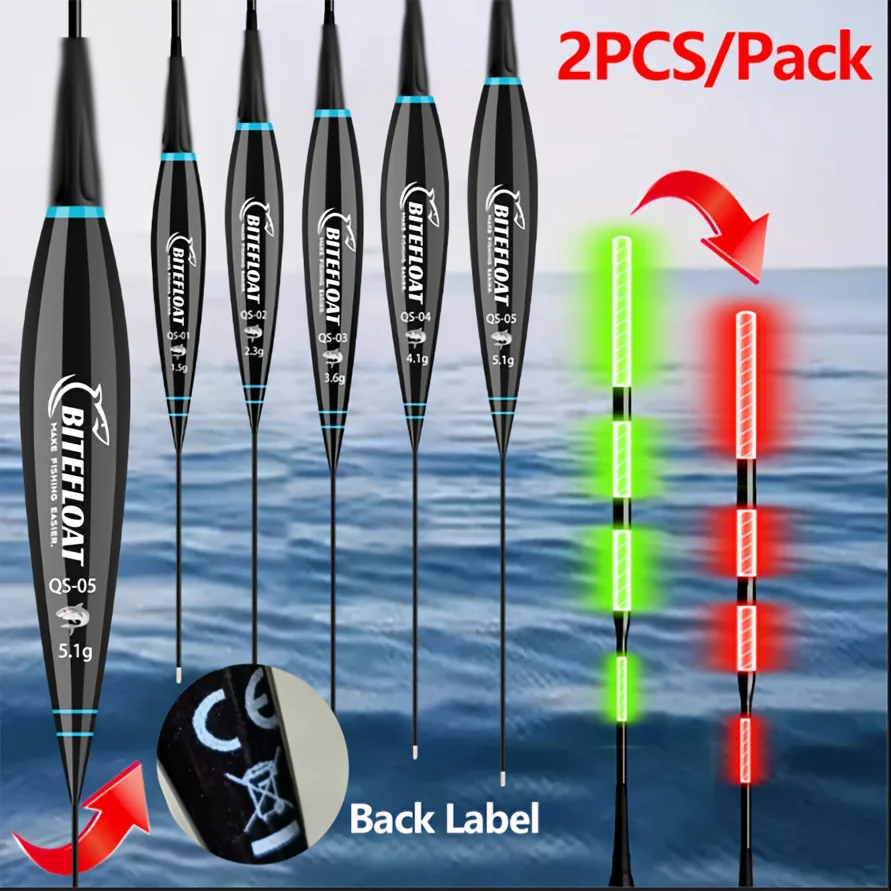 Bite Float 2026 Neues 2er-Set Nachtangel-Posenflöten, kurze, auffällige Felsenangel-Posenflöten mit CR425-Batterie, leuchten nachts