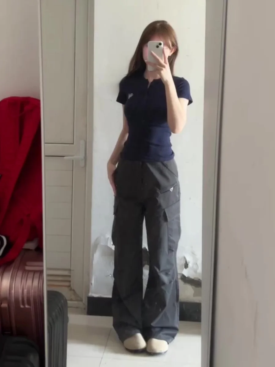 

American Sle Retro Deep ey Wide Leg Work Pants Women Summer 2024 New High Waist Straight Casual Pants Floor-Length Pants