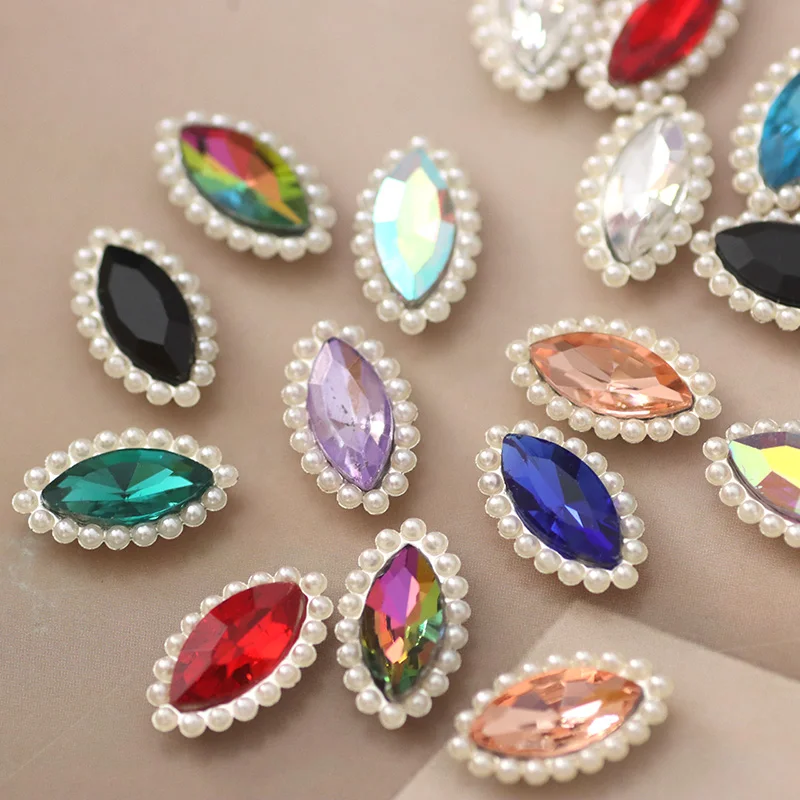 10x20mm Horse Eye Sew on rhinestone with Pearl Silver Base Flatback Glass Colorful Rhinestone Strass for Garments Decoration