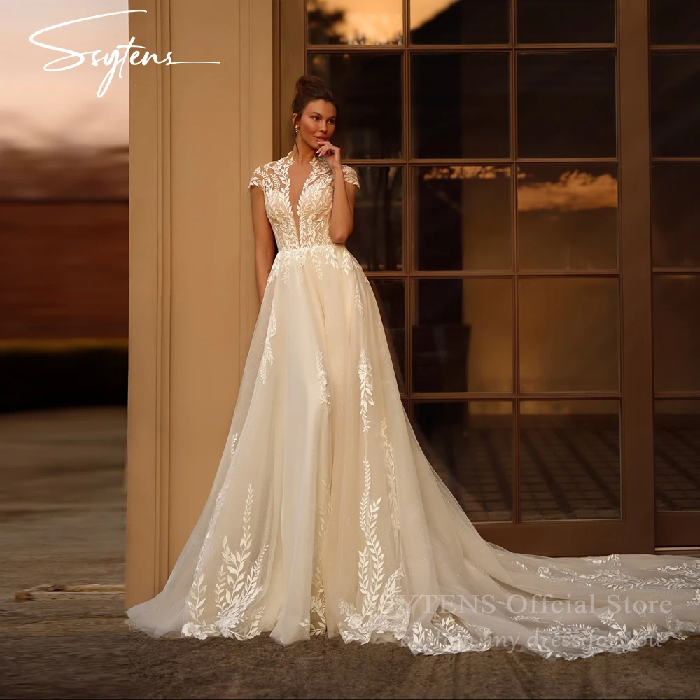 

SSYTENS Luxury Cap Sleeves Wedding Dresses For Woman Appliques Bride Dress Backless Tulle Robe De Mariée Personalized Customized