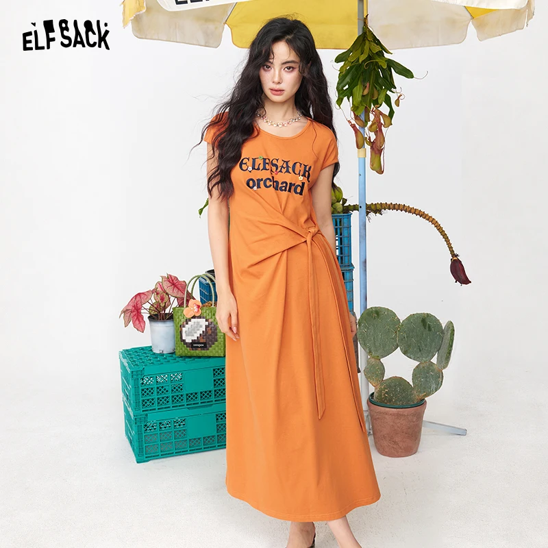 

ELFSACK Women's Short Sleeve Maxi Dress with Letter Embroidery, Waist Ring Buckle Twist Detail Casual A-line Dress for Summer