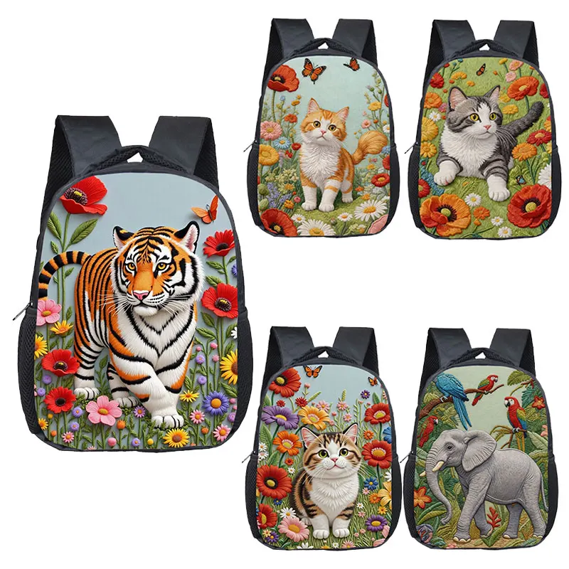 3D Embroidery Animal Kids Backpacks Tiger Cat Elephant Floral Butterfly School Bag Children Boys Girls Casual Travel Rucksack