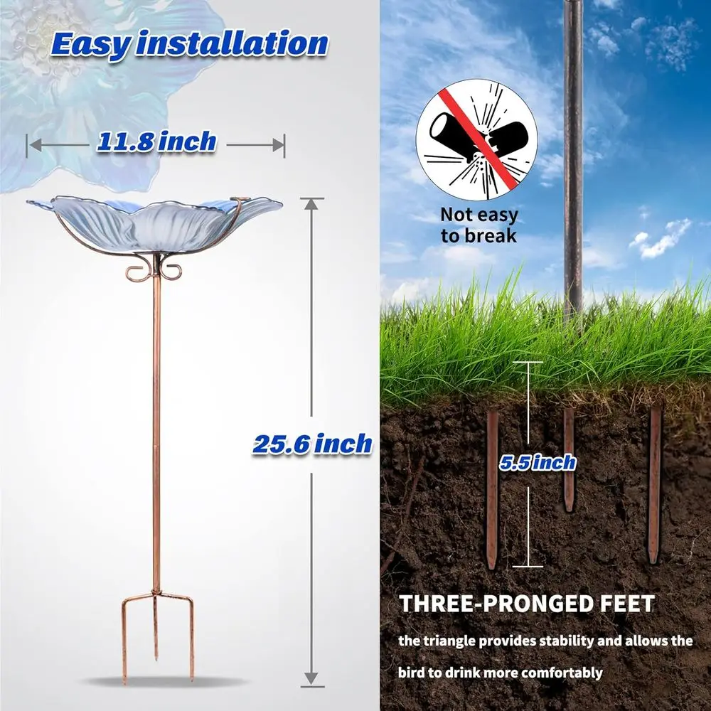 Glass Bird Bath Outdoor Bird Feeder Blue Lower Bowl with Metal Stake | Attracts Birds with Vibrant Glass Design, Doubles as Feed