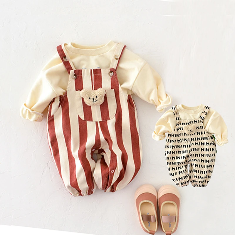 2026 ربيع جديد الرضع طفل وزرة مخطط الطفل قطعة واحدة السروال القصير دمية دب الرضع الفتيات حللا الفتيان قيعان الزي #1