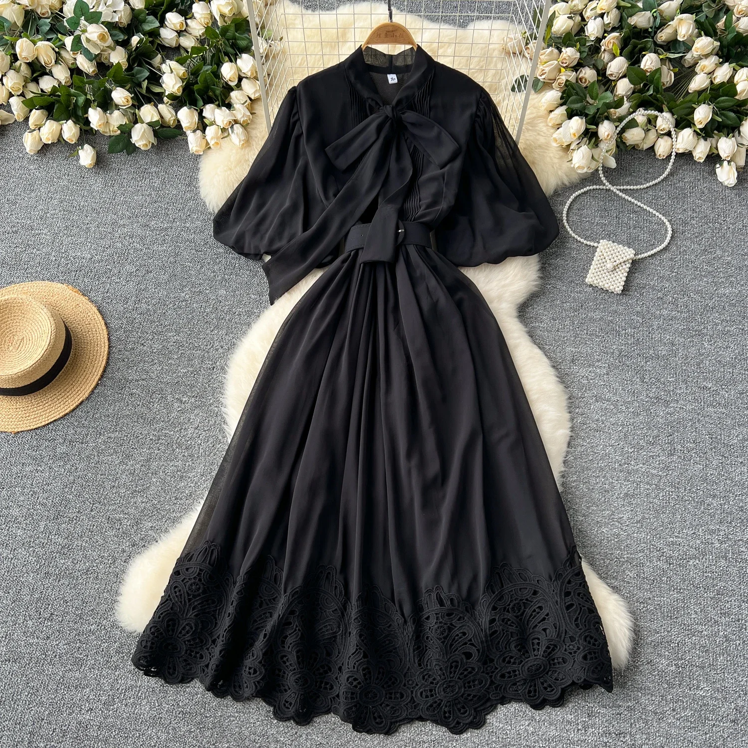 French Style Retro Elegant Dress Women Bow Lace-up Lantern Sleeve Slim Waist A-line Robe Hook Flower Splicing Big Swing Vestidos